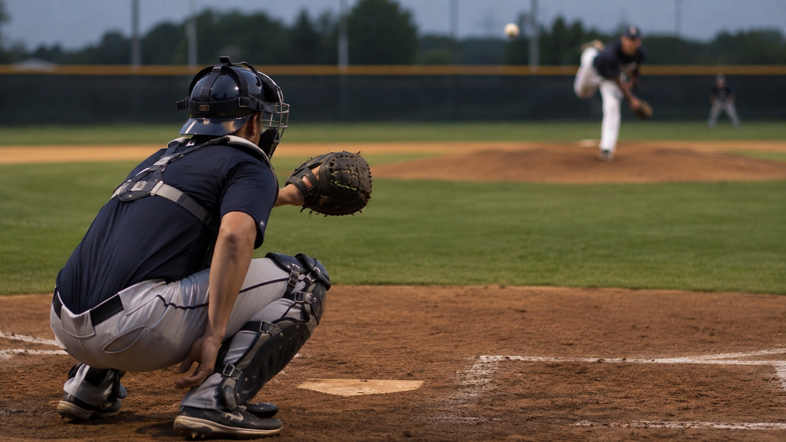 Catcher receiving a pitch during practice while guiding the pitcher with a steady target