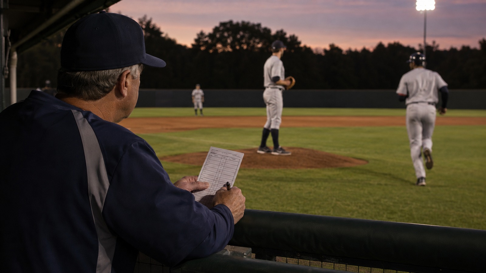 Manager reviewing a lineup card during a double switch as players change on the field