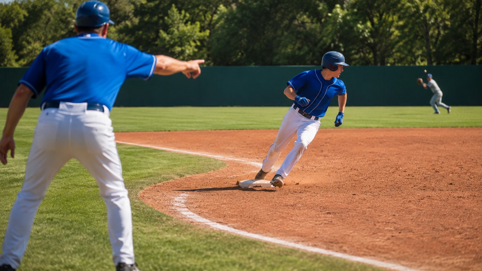 Baserunner rounding second base toward third while a coach points down the line during game action