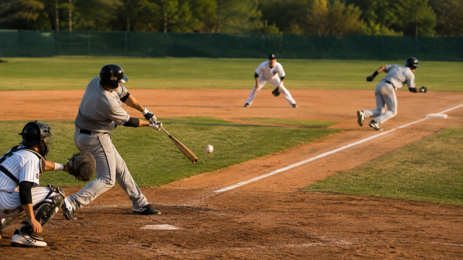 Batter making controlled contact as a runner breaks from first during a hit-and-run play
