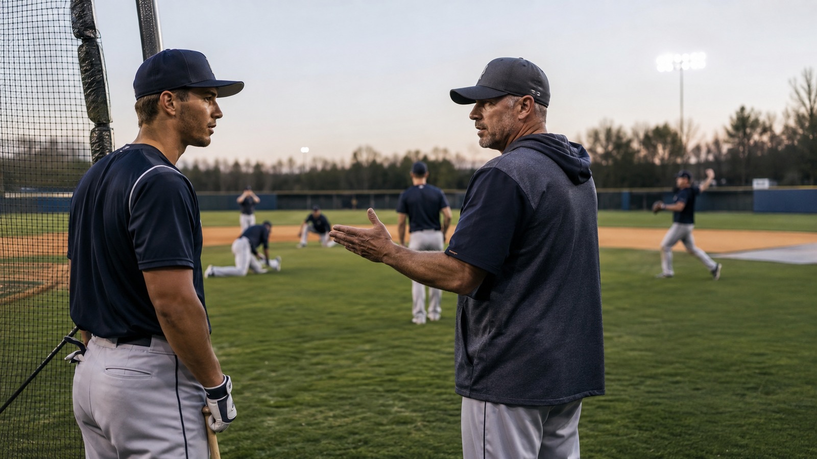 Minor league coach mentoring a young player near the batting cage before practice