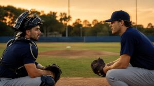 Catcher and pitcher talking calmly near a bullpen mound before practice