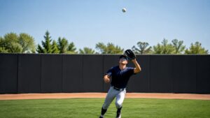 Outfielder tracking a high fly ball in bright sun with glove raised