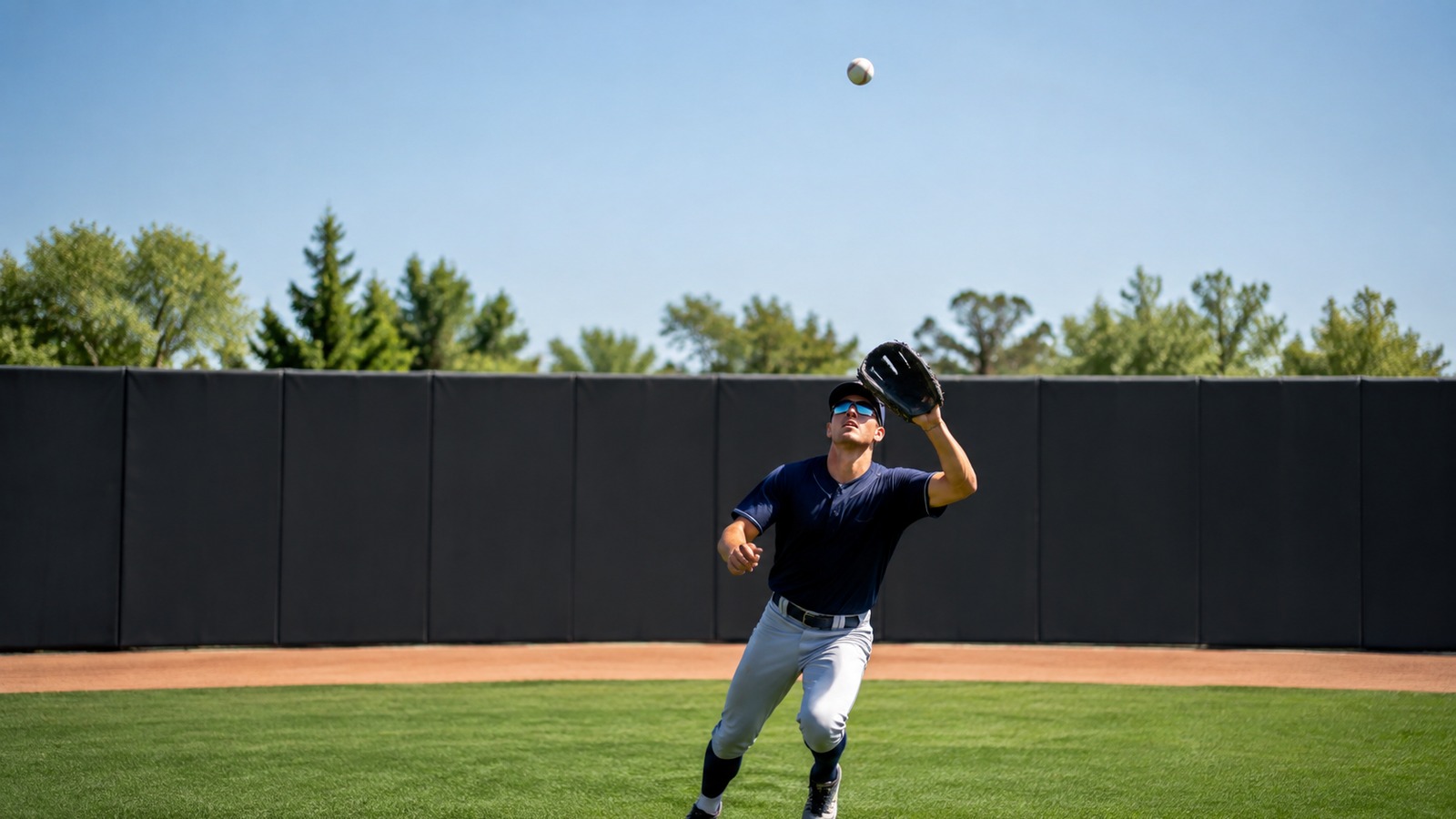 Outfielder tracking a high fly ball in bright sun with glove raised