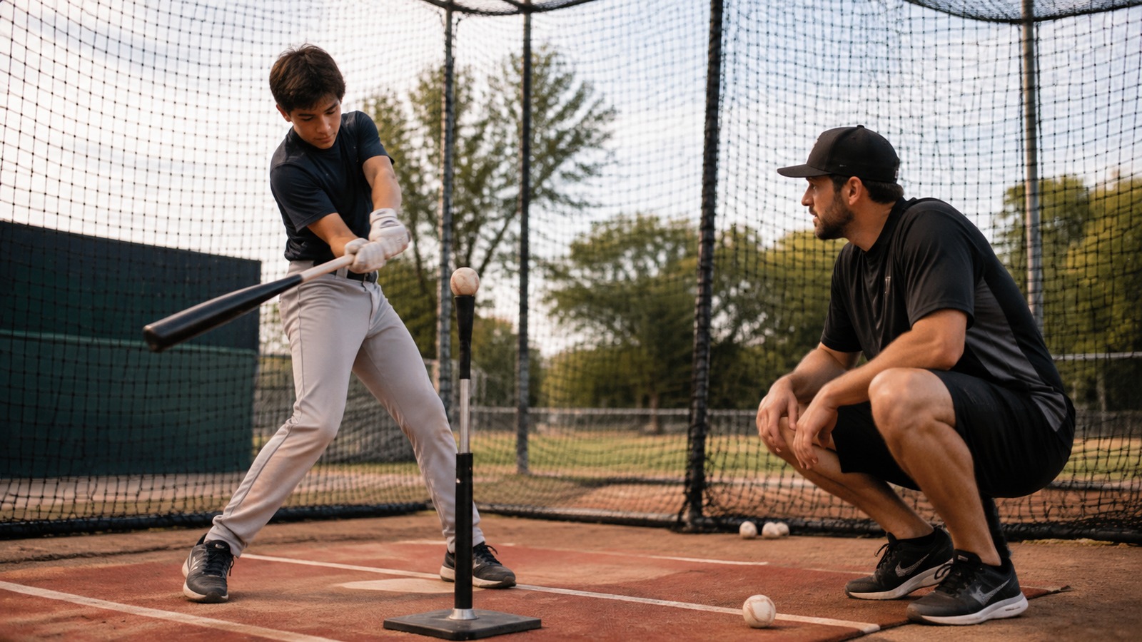 Coach watching a hitter work from a batting tee during a focused hitting instruction session