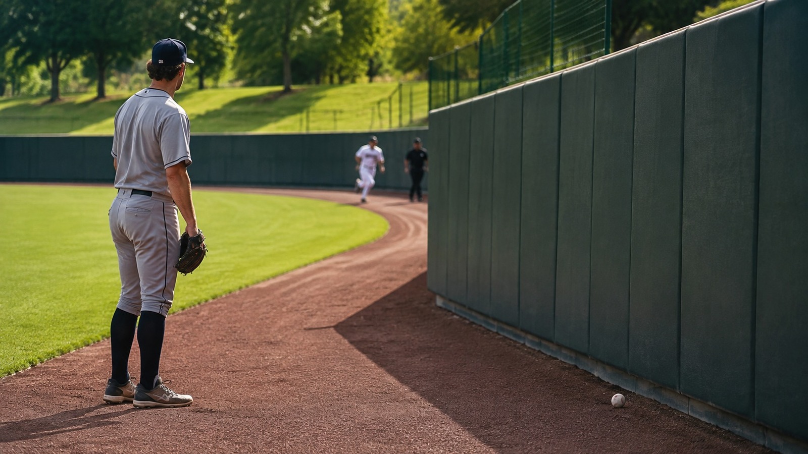 Outfielder near a quiet outfield wall after a ball has gone out of play for a ground rule double